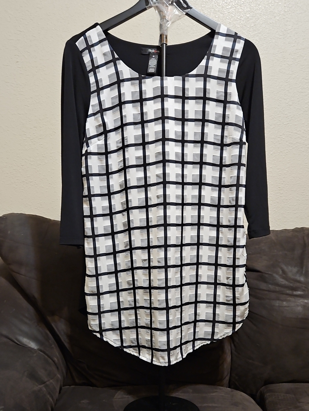 Style & Co. Black and White Plaid Scoop Neck Tunic